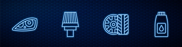 汽车轮胎、前照灯、空气滤清器、马达机油罐。砖墙上闪烁的霓虹灯图标。向量图片下载