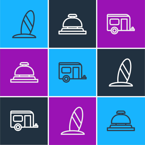 设置线上冲浪板，房车露营拖车和酒店服务钟图标。向量图片下载