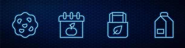 设置购物袋与回收，饼干或饼干，世界素食日和纸包装牛奶。砖墙上闪烁的霓虹灯图标。向量图片下载