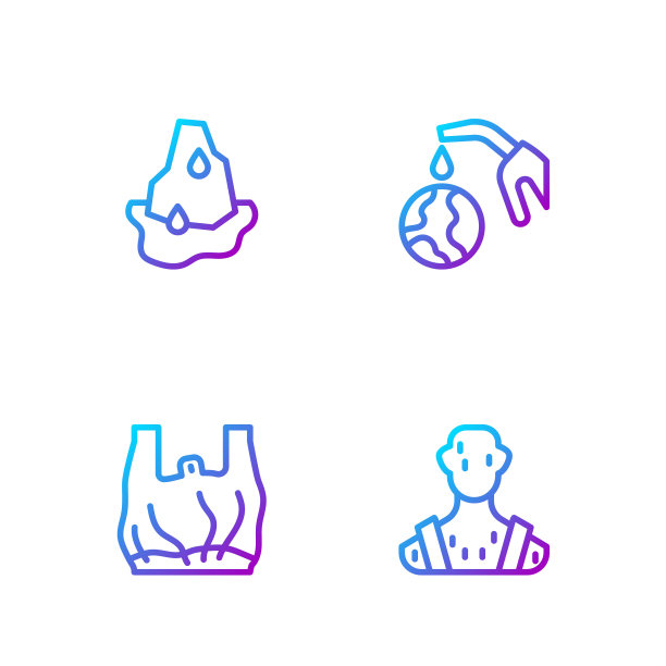 设置“人体温度高”、“拒绝塑料袋海报”、“冰川融化”、“气泵喷嘴和地球仪”。渐变颜色图标。向量图片下载