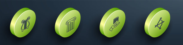 设置等距线古代竖琴，柱，和中世纪弓与箭头图标。向量图片下载