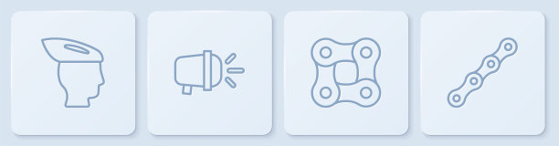 设置线自行车头盔，链条，头灯和。白色正方形按钮。向量图片下载