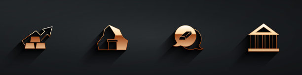 设置成长箭与金条，金矿，银行建筑图标与长阴影。向量图片下载