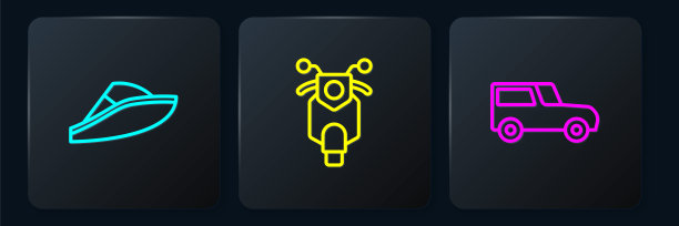 集快艇、汽车、滑板车于一体。黑色方形按钮。向量图片下载