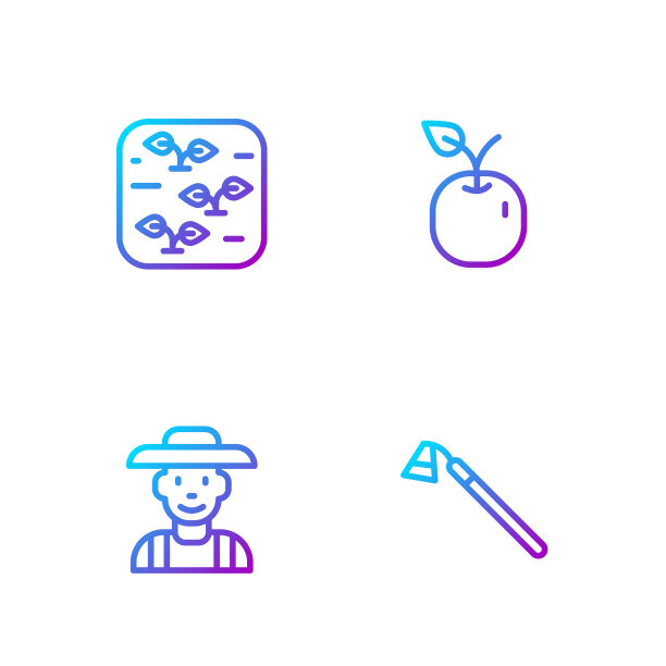 设置线花园锄头，农民在帽子，植物和苹果。渐变颜色图标。向量图片下载