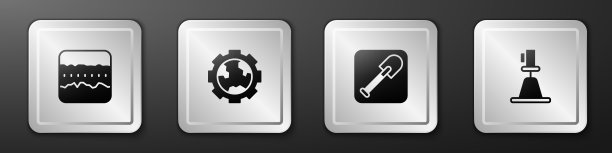 设置土层、齿轮与土、铲与视距仪、经纬仪图标。银广场按钮。向量图片下载