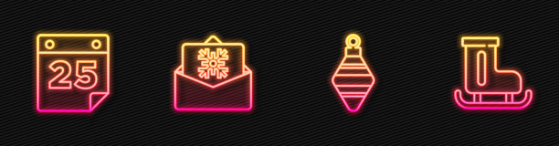 设置线圣诞球，日历，明信片和花样滑冰。发光的霓虹灯图标。向量图片下载