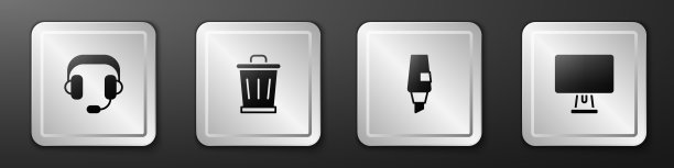 设置耳机，垃圾桶，记号笔和电脑显示器图标。银广场按钮。向量图片下载