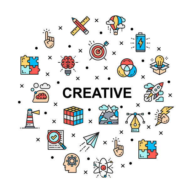 创意圈推广图标旗帜。创新，创业，艺术品，项目，想法设计元素与线性图标插图。图片下载
