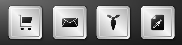 设置购物车，邮件和电子邮件，领带和笔记纸与按钮图标。银广场按钮。向量图片下载