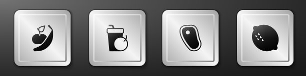 设置苹果和香蕉，新鲜的冰沙，牛排和柠檬图标。银广场按钮。向量图片下载