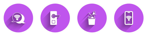 设置Wi-Fi无线上网，数字门锁，香槟瓶和手机Wi-Fi图标长阴影。向量图片下载