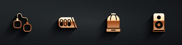 设置手铐，鼓机音乐，冬季帽子和立体声扬声器图标与长阴影。向量图片下载