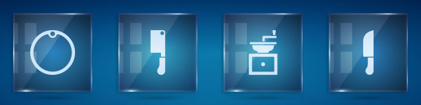 设置切菜板，剁肉机，手动咖啡研磨机和刀。方形玻璃面板。向量图片下载