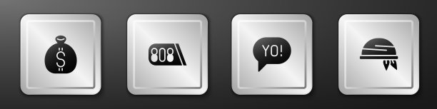 设置钱袋，鼓机音乐，哟俚语字母和Bandana图标。银广场按钮。向量图片下载