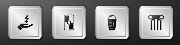 集宙斯，希腊盾，陀螺皮塔和古代柱的图标。银广场按钮。向量图片下载