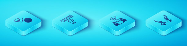 设置等距球链，审查邮票，手铐手的罪犯和间谍，代理图标。向量图片下载