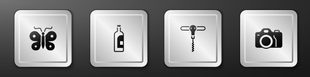 设置蝴蝶，葡萄酒，葡萄酒开瓶器和照片相机图标。银广场按钮。向量图片下载