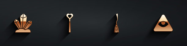 设置魔法石，魔杖，女巫扫帚和石匠图标与长影子。向量图片下载