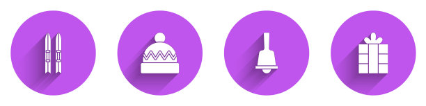 滑雪板和雪杖、冬季帽子、圣诞铃铛和礼品盒长阴影图标矢量素材图片下载