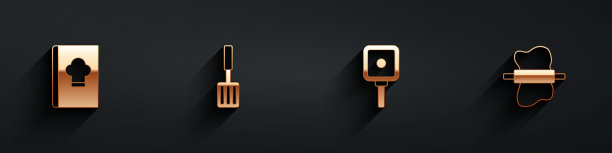 设置烹饪书，烧烤铲，煎锅和擀面杖在面团图标上的长阴影。向量图片下载