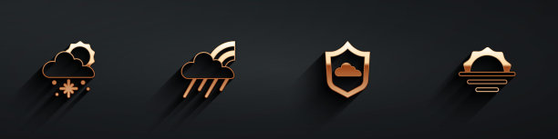 设置云与雪和太阳，彩虹云雨，天气预报和日出图标与长阴影。向量图片下载