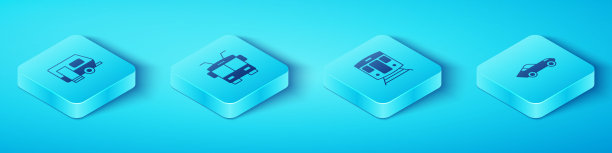 设置等距房车露营拖车，无轨电车，汽车和火车和铁路图标。向量图片下载