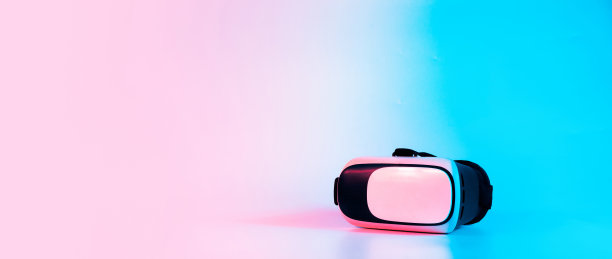 虚拟现实眼镜VR。3d数字耳机在未来霓虹灯技术背景。未来的网络游戏、非功能性游戏活动生活方式。图片下载