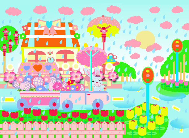 明亮的雨天和甜蜜的浅蓝色卡通兔子兔子微笑着，驾驶着装满五颜六色花朵的汽车在道路插图2022图片下载