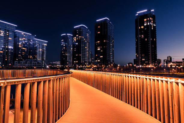 照亮的人行道上的扶手在夜间基辅市的路堤上。乌克兰。夜晚城市的观点。图片下载