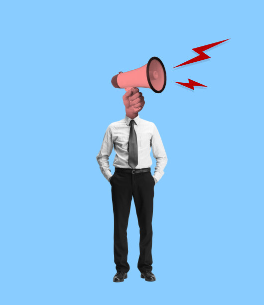 一个愤怒的年轻商人拿着扩音器，听起来就像汽笛。当代艺术拼贴。艺术概念、超现实主义、新闻、职业、任期图片下载