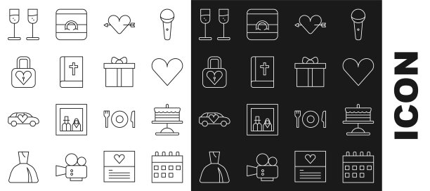 设置线日历，蛋糕在盘子上，心，爱与心和箭，圣经书，锁，香槟和礼盒图标。向量图片下载