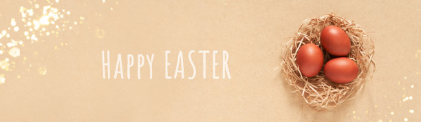 上面写着“复活节快乐”的标语，沙地上有一个装有复活节彩蛋的鸟巢。最小的概念。前视图。有复制空间图片下载