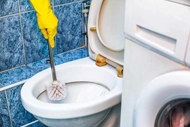 在浴室的特写镜头中，戴着黄色手套的手用刷子清洁抽水马桶。图片下载