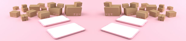 智能手机白色屏幕的3D渲染，周围是各种纸箱和各种大小的盒子。金钱概念，移动商务，概念在线交付，孤立在粉色背景上。图片下载