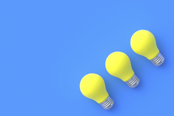 蓝色背景上的一排黄色灯泡。前视图。三维渲染图片下载