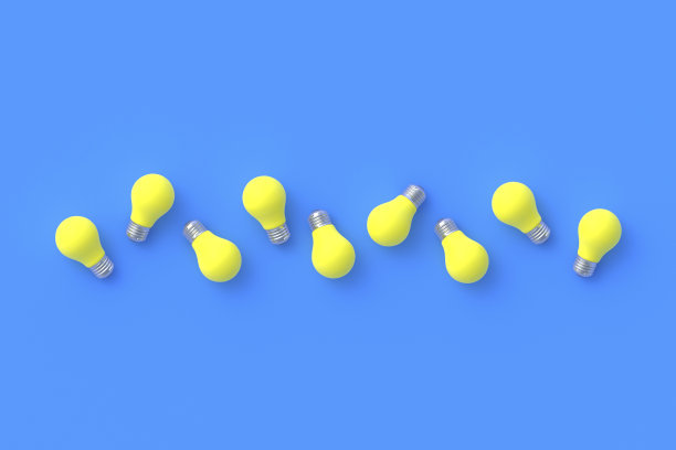 蓝色背景上的一排排黄色灯泡。前视图。三维渲染图片下载