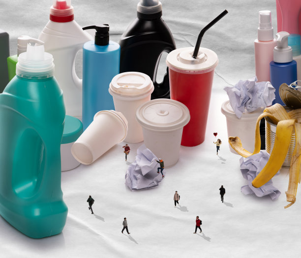 Garbage-monster。城市里的小男人和小女人是由垃圾、塑料和家庭垃圾制成的。当代艺术拼贴，现代创意设计。59、节约环境，保护生态，保护生态图片下载