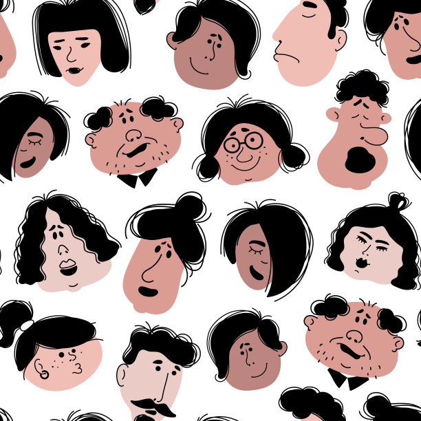 无缝图案的女性和男性的脸在涂鸦风格在一个白色的背景。矢量动画图片下载