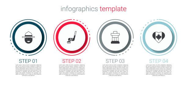 设置加拿大游侠帽，冰球棒和冰球，Inukshuk和心形加拿大国旗。业务信息模板。向量图片下载