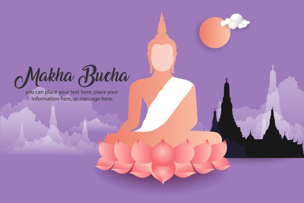 卫塞节大佛铜像旗帜紫色矢量背景——泰国寺庙宗教文化图片下载