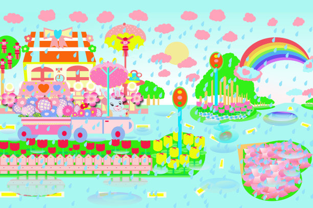 明亮的雨天和甜蜜的浅蓝色卡通兔子兔子微笑着，驾驶着装满五颜六色花朵的汽车在道路插图2022图片下载