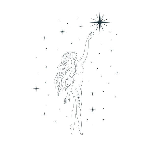 星空下婀娜的女神。天上的手画女人的线条艺术。矢量插图的贺卡，纹身或海报。图片下载