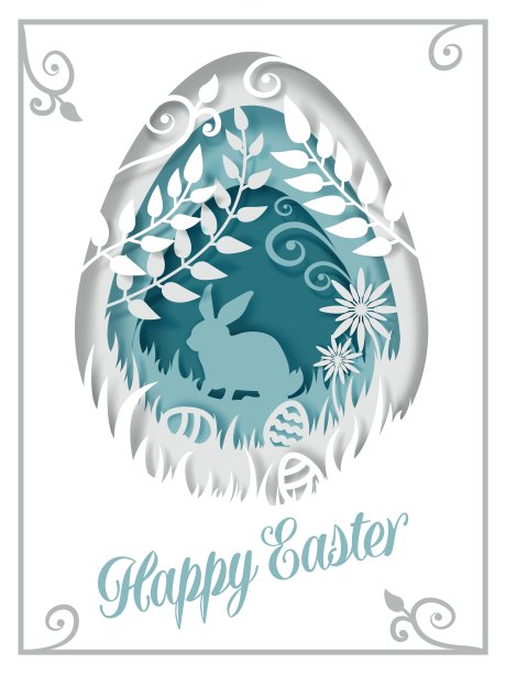 复活节彩蛋兔子剪影，花，叶，矢量剪纸插图。快乐复活节贺卡模板。图片下载