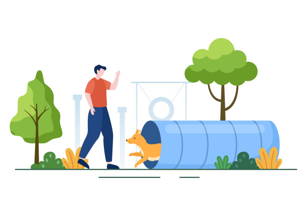 在操场的狗训练中心与教练教学宠物或发挥技巧和跳跃技能在平面卡通背景插图图片下载