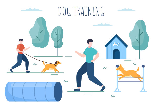 在操场的狗训练中心与教练教学宠物或发挥技巧和跳跃技能在平面卡通背景插图图片下载