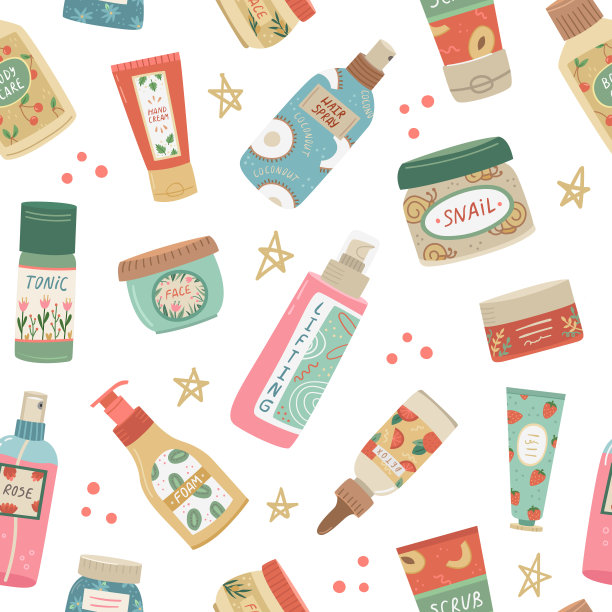 向量无缝模式与化妆品的脸和身体护理。美容行业的背景。图片下载