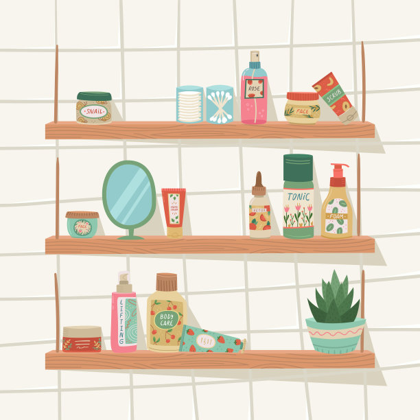 一个架子的矢量插图与化妆品的脸和身体护理。家庭美容护理。图片下载