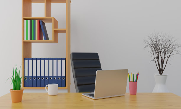 办公室桌上有笔记本电脑和咖啡杯。3 d渲染。图片下载