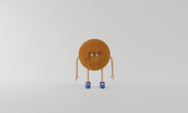 棕色头发的卡通怪物站在白色的背景。3 d渲染。图片下载
